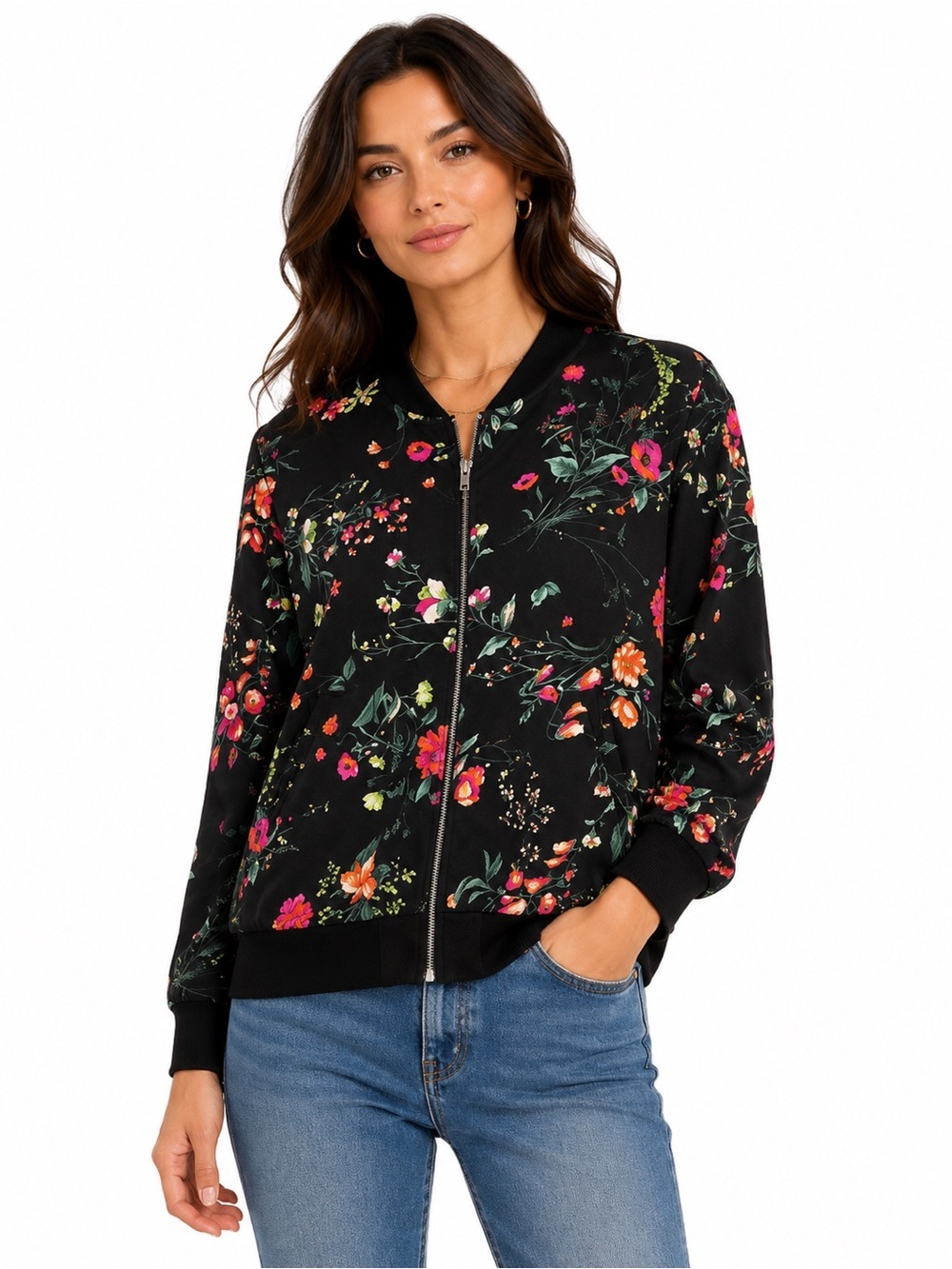 Como Black Floral Zip Front Bomber Jacket XL Lightweight Made in Canada
